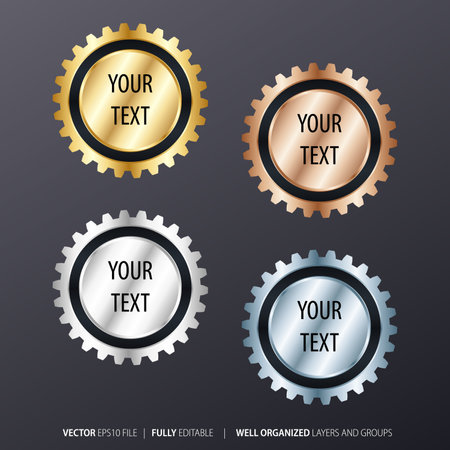Vector set of gold, silver and bronze gears. Vector illustration.のイラスト素材
