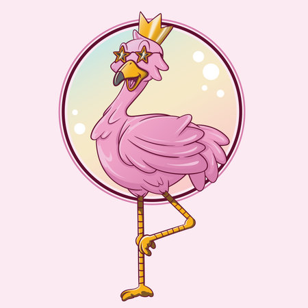 Pink flamingo with golden crown in round frame. Vector illustration.のイラスト素材