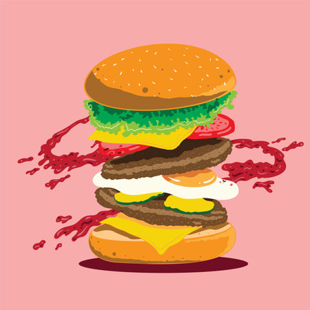 Hamburger vector illustration. Isolated on a pink background.のイラスト素材