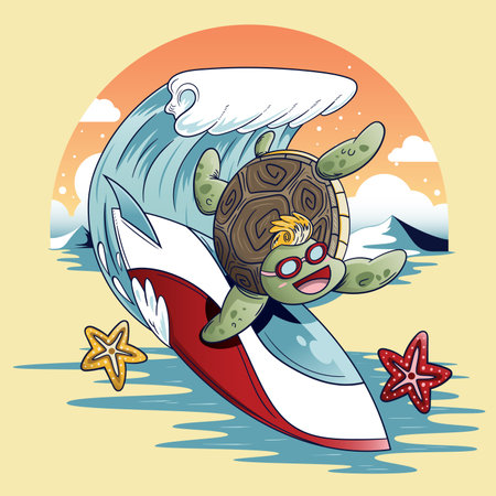 Turtle surfing with surfboard and starfish. Vector illustration.のイラスト素材