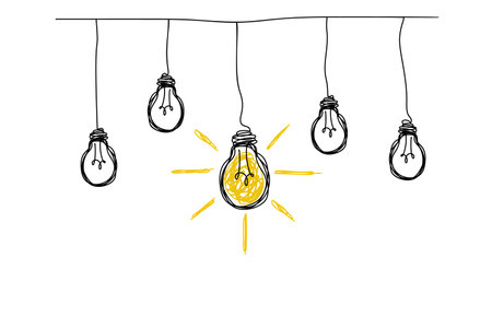 Idea concept with light bulbs. Hand drawn sketch vector illustration.のイラスト素材