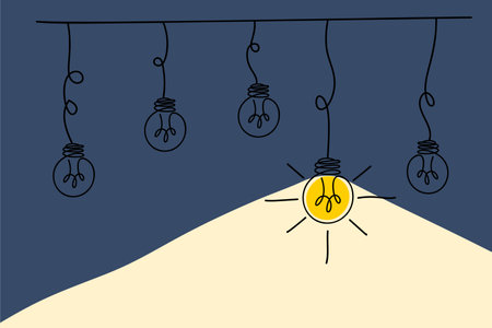 Illustration of hanging light bulbs, Creative Idea Concept of simplifying Complex Business Process Problemのイラスト素材