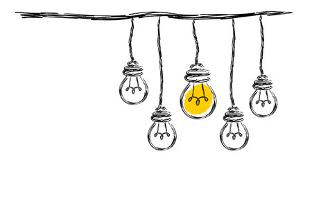 Illustration of a group of light bulbs hanging from a wire, vintage line drawing or engraving idea illustration.のイラスト素材