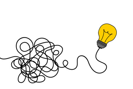 bulb with tangled lines, concept of problem solving, vector illustrationのイラスト素材