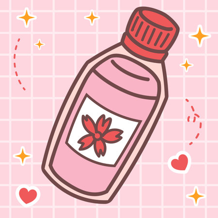 Illustration of a bottle of cream on a pink background with heartsのイラスト素材