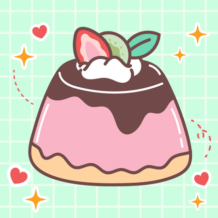 Kawaii food cartoon of strawberry pudding illustration. vector icon of cute japanese doodle style for kid product, sticker, shirt, wallpaper, cardのイラスト素材