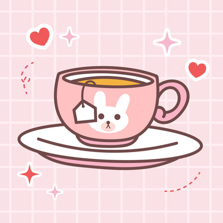 Kawaii food cartoon of cup of tea vector illustration drink with cute japanese doodle style for kid product, sticker, shirt with pink backgroundのイラスト素材