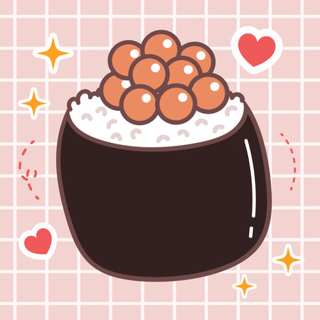 Kawaii food cartoon of sushi tobiko vector icon of cute japanese doodle style for kid product, sticker, shirt on orange background flat illustrationのイラスト素材