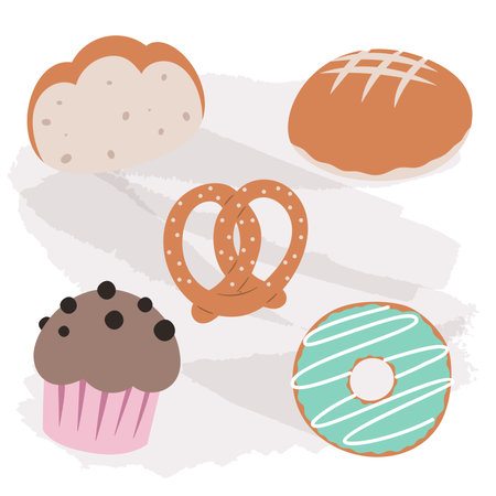 Set vector bread icons. Rye, whole grain and wheat bread, pretzel, muffin, pita , ciabatta, croissant, bagel, toast bread, french baguette for design menu bakery.&#xD;&#xA;のイラスト素材