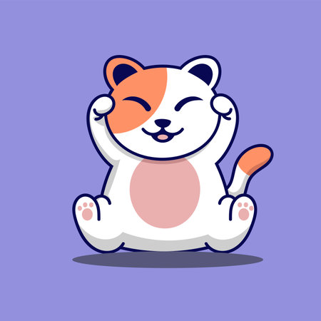 Cute cartoon cat. Vector illustration in a flat style. Isolated on a purple background.のイラスト素材