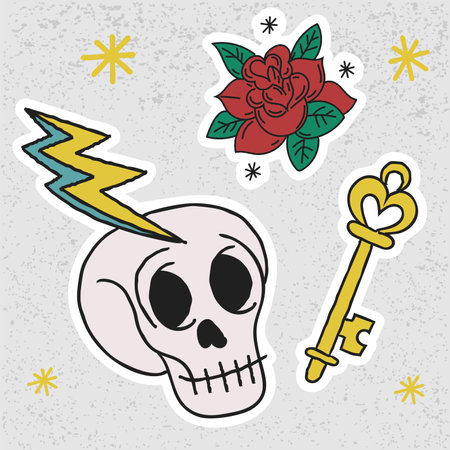 Old school tattoo sticker set colored art designのイラスト素材