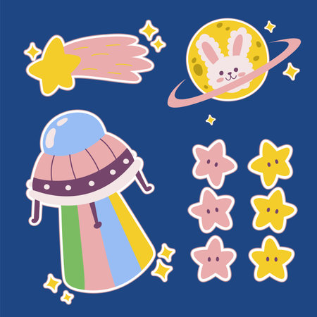 Set of cute space elements. Vector illustration in doodle style.のイラスト素材