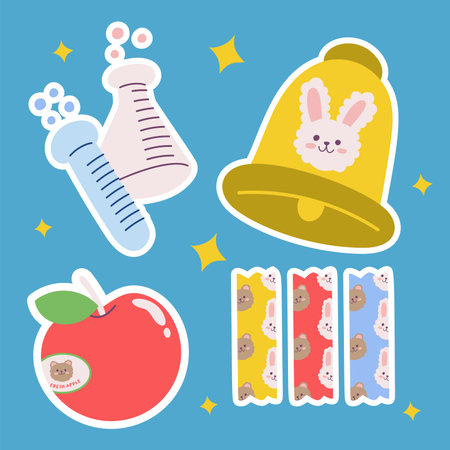 School stationery kawaii sticker set. Hand drawn office supply cartoon doodle chemistry, ring, bell, tape. Bundle of cute kid graphic print for preschool. children learn, teacher, college vectorのイラスト素材