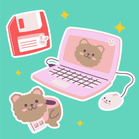 School stationery kawaii sticker set. Hand drawn office supply cartoon doodle floppy disk, flash drive, laptop. Bundle of cute kid graphic print for preschool. children learn, teacher, college vectorのイラスト素材