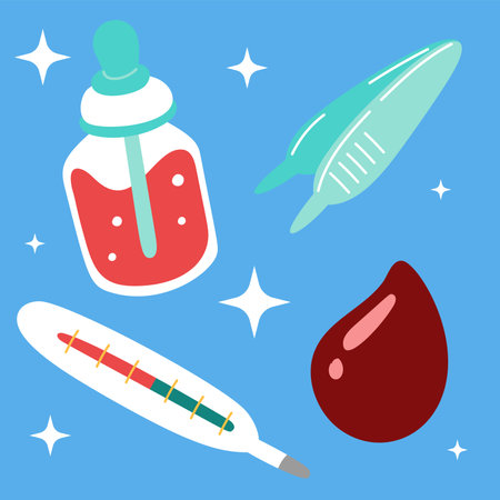 Cute medical sticker set. Hand drawn healthcare cartoon doodle tweezer blood thermometer medicine. Bundle of nursery kid graphic print for hospital clinic pharmacy emergency doctor vectorのイラスト素材