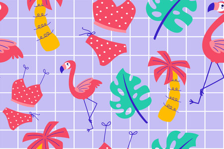 Colourful tropics Summer Seamless Pattern. Hand drawn doodle beauty beach summertime kids background...