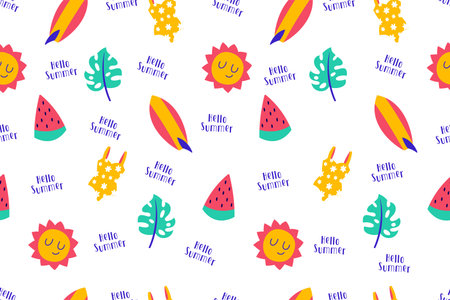 Colourful tropics Summer Seamless Pattern. Hand drawn doodle beauty beach summertime kids background...
