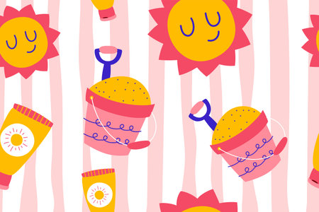 Colourful tropics Summer Seamless Pattern. Hand drawn doodle beauty beach summertime kids background...