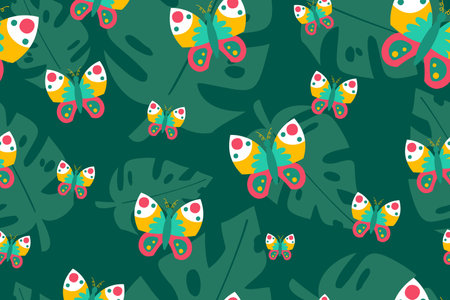 Colourful tropics Summer Seamless Pattern. Hand drawn doodle beauty beach summertime kids background wallpaper for fashion graphic print, textile, apparel, wrapping paper vectorのイラスト素材