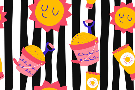 Colourful tropics Summer Seamless Pattern. Hand drawn doodle beauty beach summertime kids background...