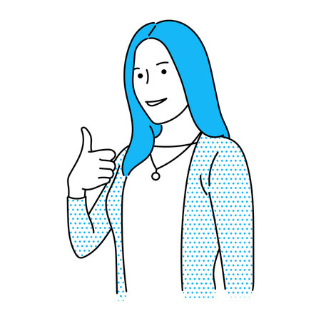 Vector illustration of a young woman with blue hair showing thumbs up.のイラスト素材