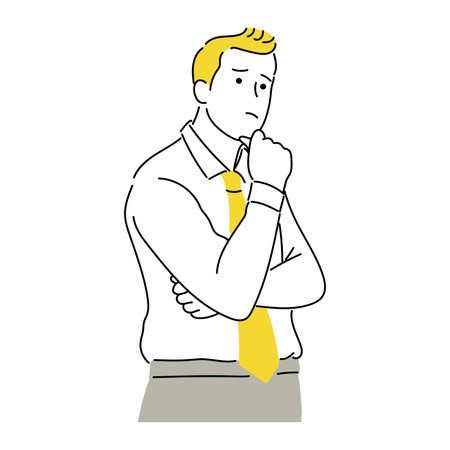 Thinking businessman with yellow tie. Vector illustration on white background.のイラスト素材