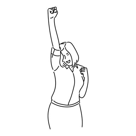 line drawing of a woman raising her hands up celebrating a victory or successのイラスト素材