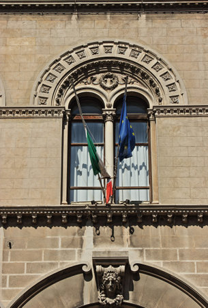 Detail of the facade of a palace in Perugia, Italyの写真素材