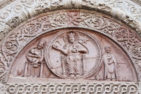Detail of the facade of the Cathedral of St. Francis of Assisi.の写真素材
