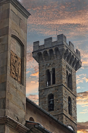 Tower of the San Romolo Cathedral in Fiesole, Tuscany, Central Italyの写真素材