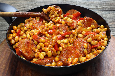 Soybeans with paprika and sausageの写真素材