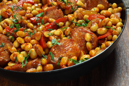 Soybeans with paprika and sausageの写真素材