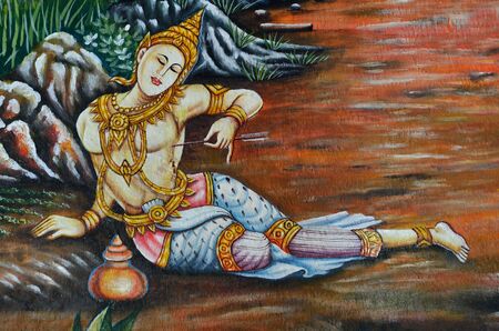 Native thai art painting style in public temple, Chiang Rai Province, Thailandのeditorial素材