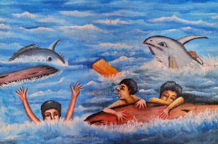 Native thai art painting style in public temple, Chiang Rai Province, Thailandのeditorial素材