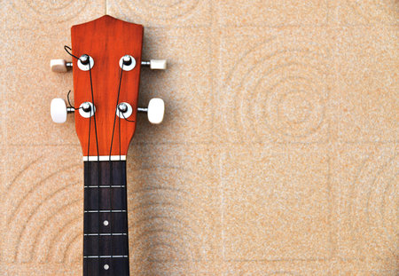 Closeup of ukulele on wall background 
