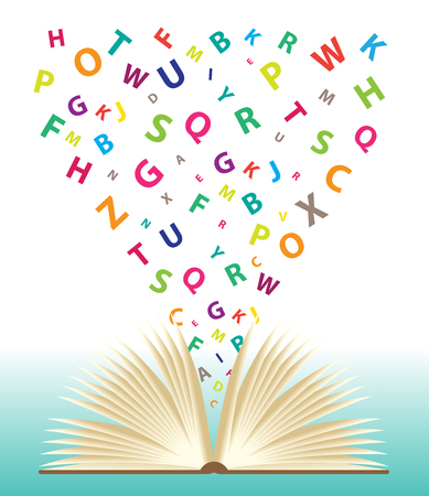 Opened book with flying letters, Vector idea conceptのイラスト素材