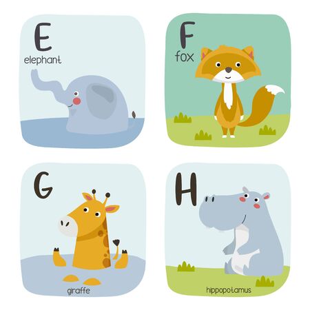 Alphabet printable flashcards vector collection with letter E to H. Cute vector Zoo alphabet with animals in cartoon style.のイラスト素材