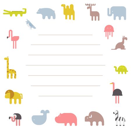 Template children notebook sheet with cute animals. cute animal illustrations and trendy lettering.のイラスト素材
