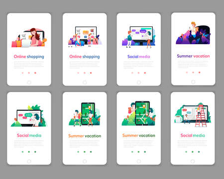Set of web page design templates for online shopping, digital marketing, social media, summer vacation. Modern vector illustration concepts for website and mobile website development.のイラスト素材
