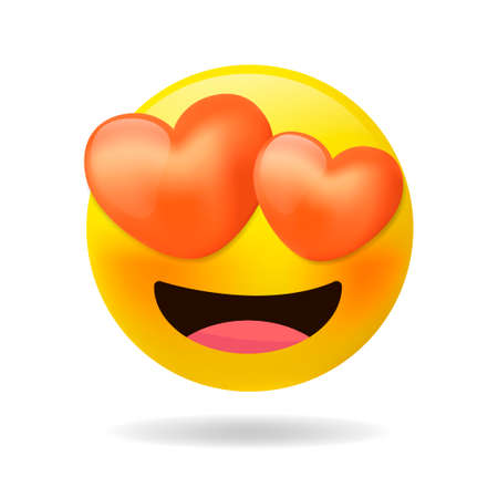 Loving eyes emoji - emoticon with eyes of red hearts. Feeling in love emoji with open mouth. Cartoon emoticons with love on Valentine's Day.のイラスト素材