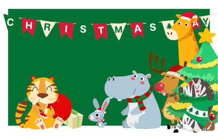 Merry Christmas. Christmas Cute Animals Character. Happy Christmas Companions. Rain deer, Tiger, rabbit, hippopotamus, giraffe and zebra scene.のイラスト素材