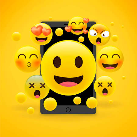 3D and different kinds of emoticons with matte smartphone. Cartoon emoji collection.のイラスト素材