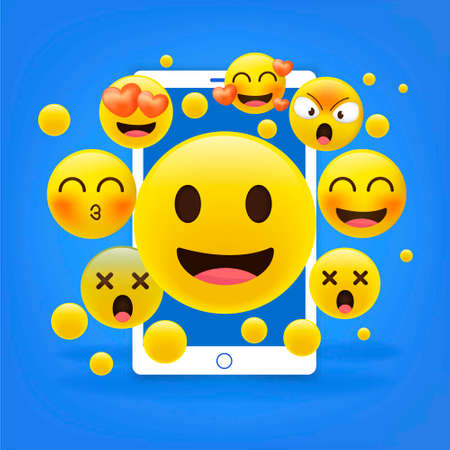 3D and different kinds of emoticons with matte smartphone. Cartoon emoji collection.のイラスト素材