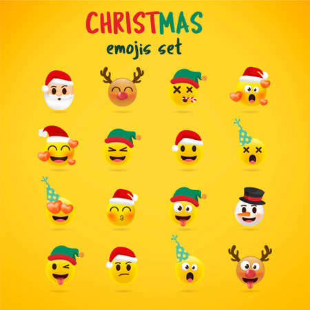 Christmas emoji set. Holiday set of Christmas face icons with different emotions. 3d style vector.のイラスト素材