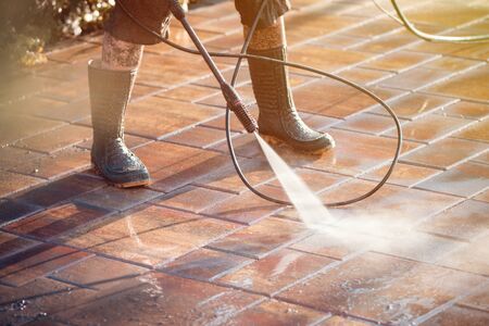 Outdoor floor cleaning with high pressure water jetの写真素材