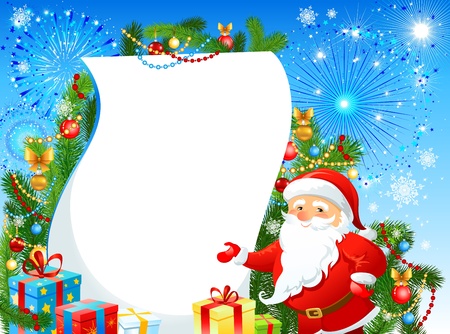 Festive Christmas background with Santa Claus and fir tree. Space for text  のイラスト素材