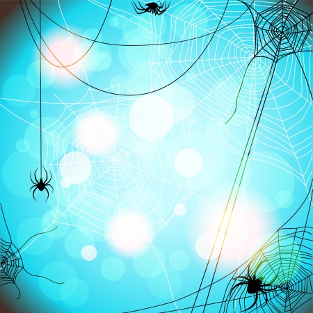 Blue background with spiders and web with space for text  のイラスト素材