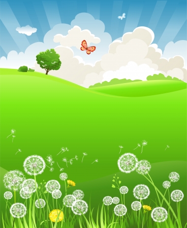 Summer landscape with dandelionのイラスト素材