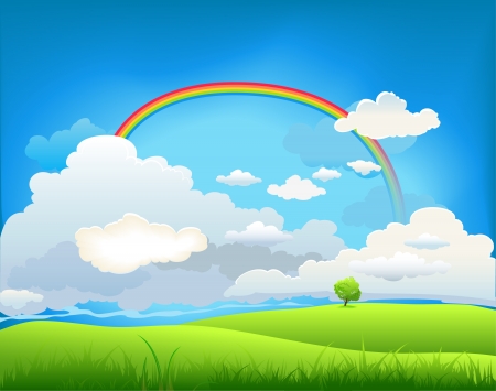 Summer landscape with a rainbow and the lone treeのイラスト素材