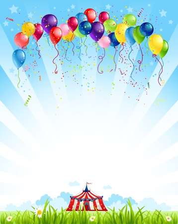Traveling circus  under blue sky and bunch of balloonsのイラスト素材